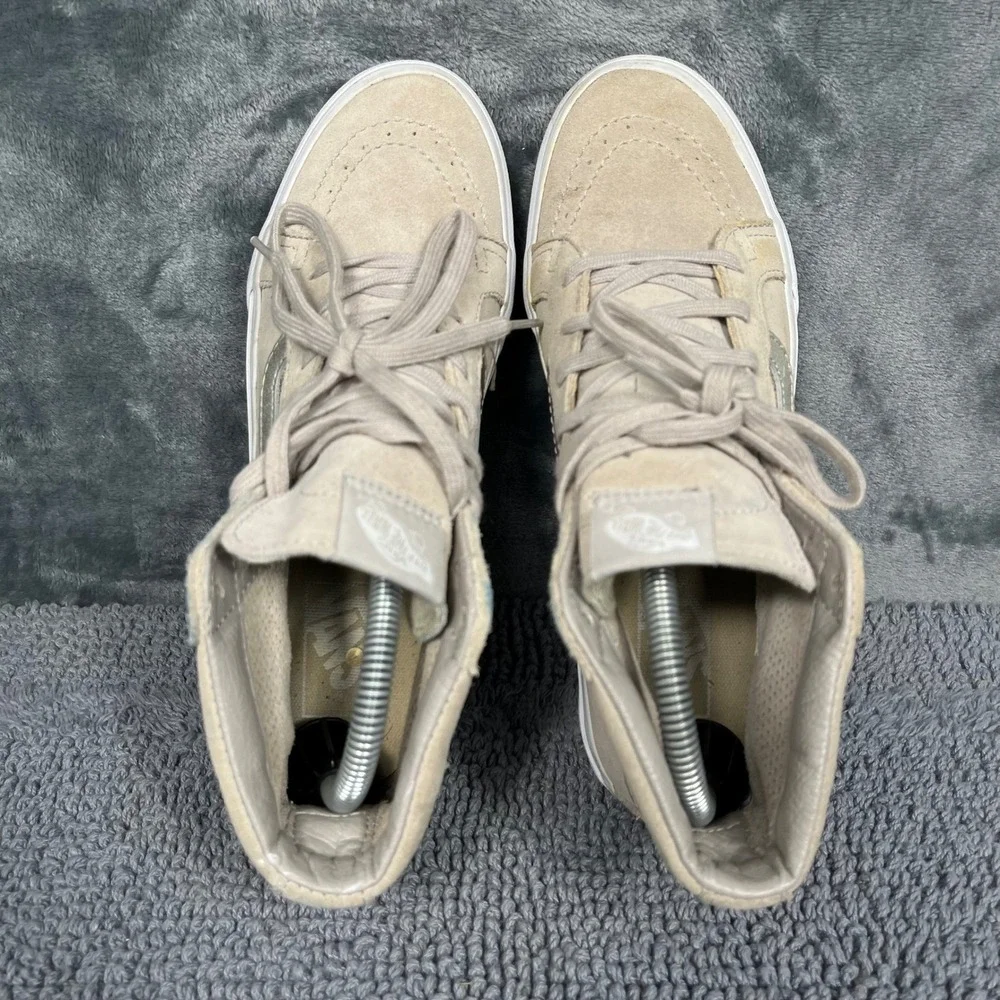 Vans Sk8-Hi Slim Beige Tan Suede Metallic Silver Stripe High Top Sneakers 8.0